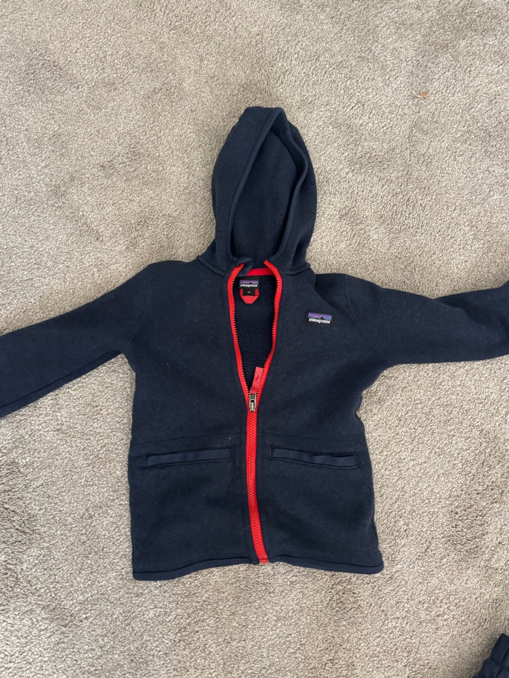 Patagonia Kids Navy Hooded Fleece with Red Zip